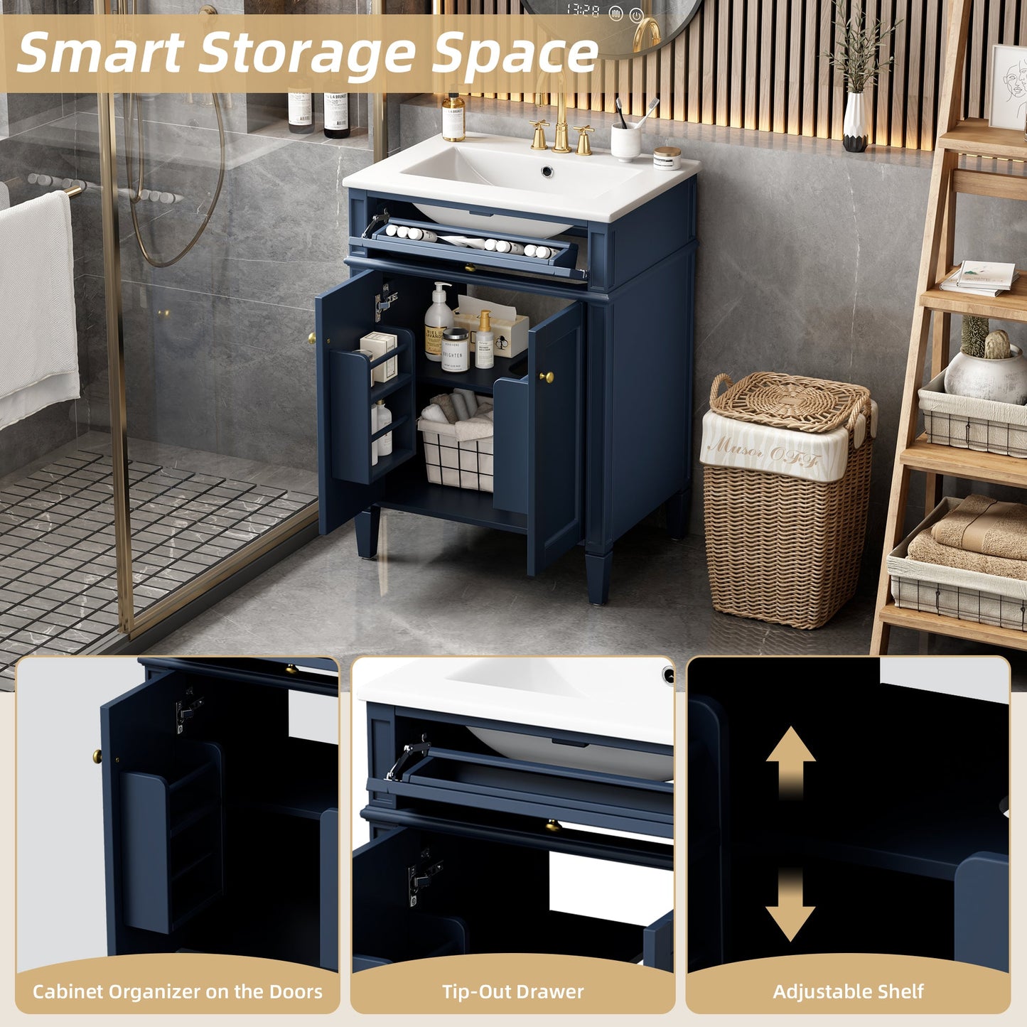 24" Bathroom Vanity with 2 Doors and Tip-Out Drawer