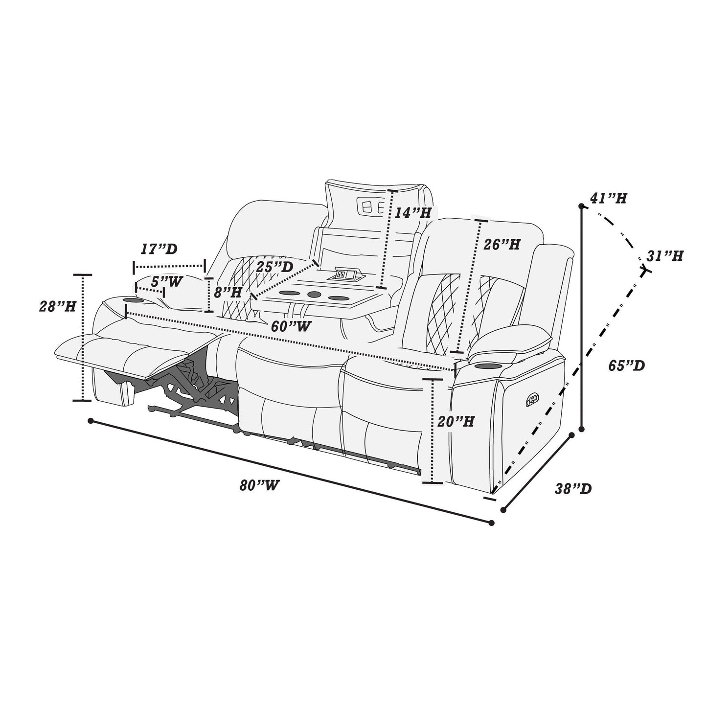 Power Motion Living Room Set With USB Port, Adjustable Headrest, Cup Holder