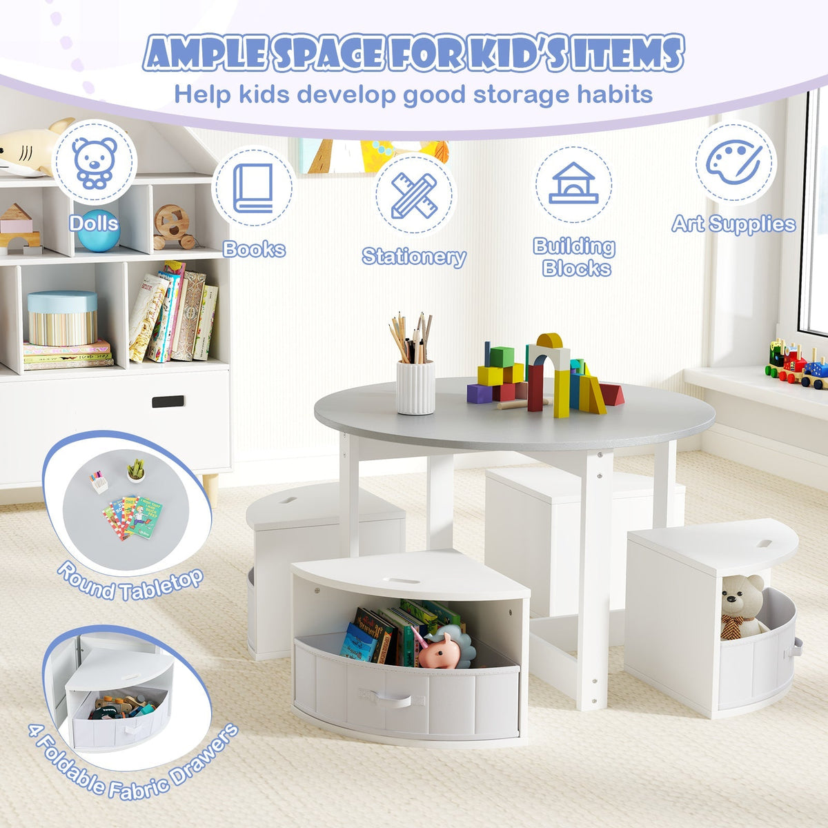 5 Piece Toddler Round Nesting Table with 4 Storage Stools for Activity