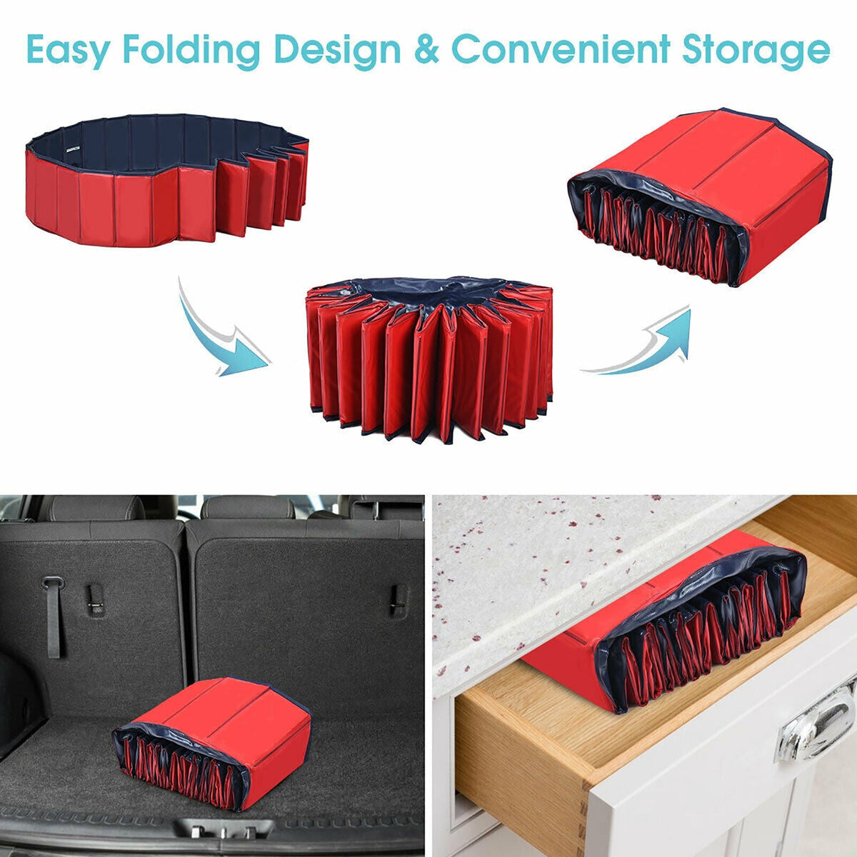 63 Inch Foldable Leakproof Dog Pet Pool Bathing Tub Kiddie Pool for Dogs Cats and Kids-Red