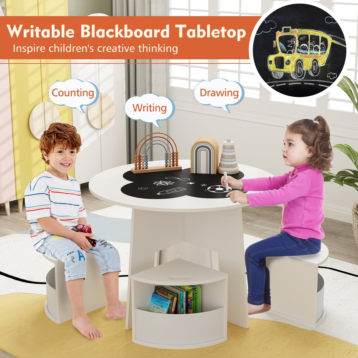 5 PCS Kids Table and Chair Set with Storage Stools for Activity-White