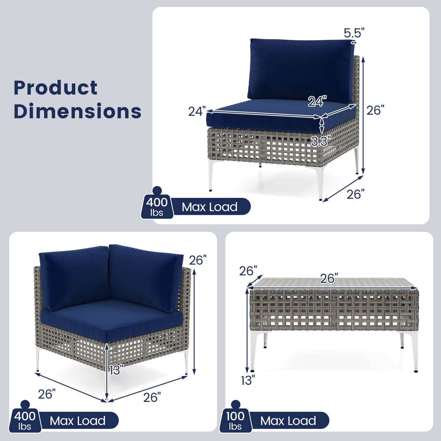 5 Piece Outdoor Furniture Set Patio Rattan Chairs with Tempered Glass Coffee Table-Navy
