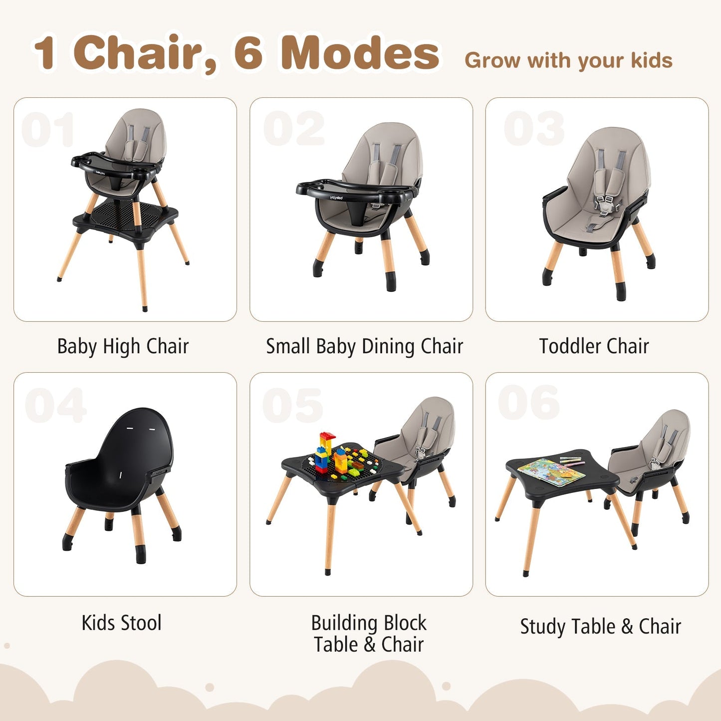 5-in-1 Baby Wooden Convertible High Chair
