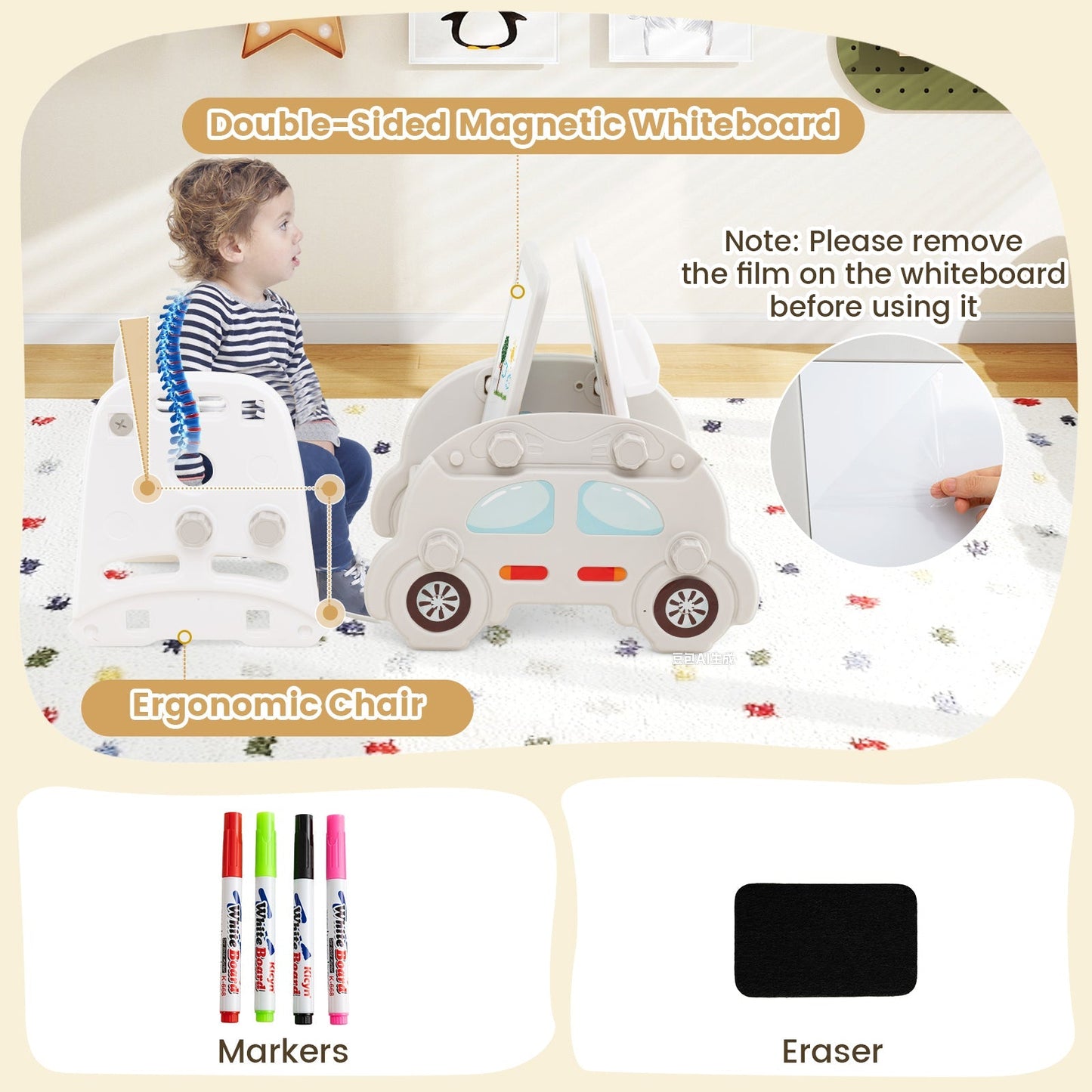 5 in 1 Convertible Toddler Slide Set Kids Art Easel with Stool and Book Rack