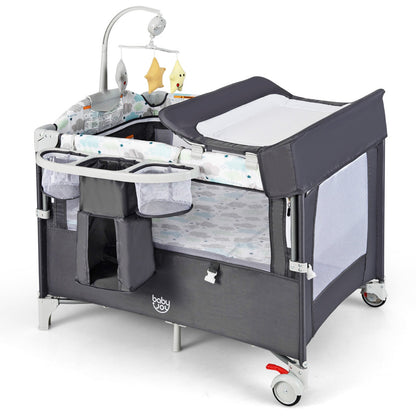 5-in-1 Portable Baby Beside Sleeper Bassinet Crib Playard with Diaper Changer-Gray