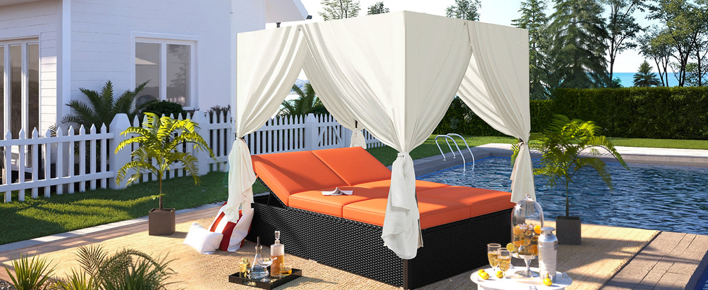 U_STYLE Outdoor Double Chaise Lounge Daybed with Curtains