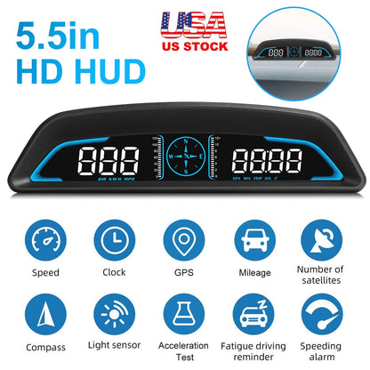 Universal Car HUD GPS Head up Display Speedometer Odometer with Acceleration Time Compass Altitude Driving Distance Over Speed Alarm HD LED Display fo
