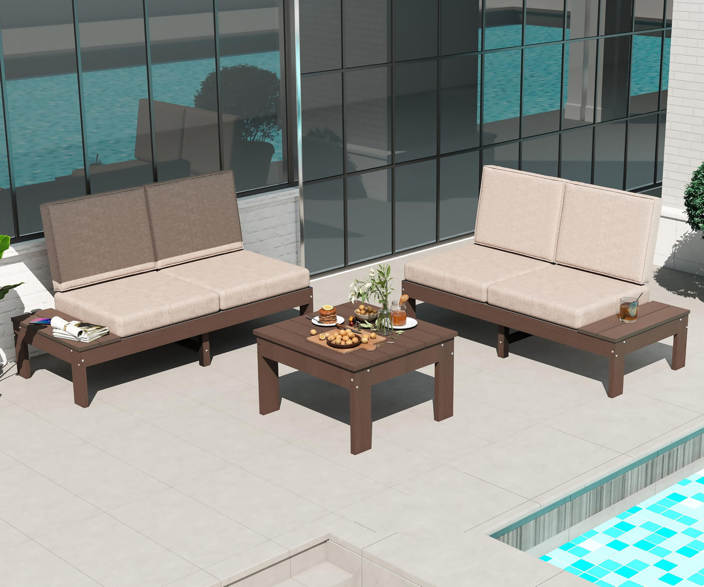 HDPE Outdoor Patio Sofa Set, 3-Piece Modern Conversation Set