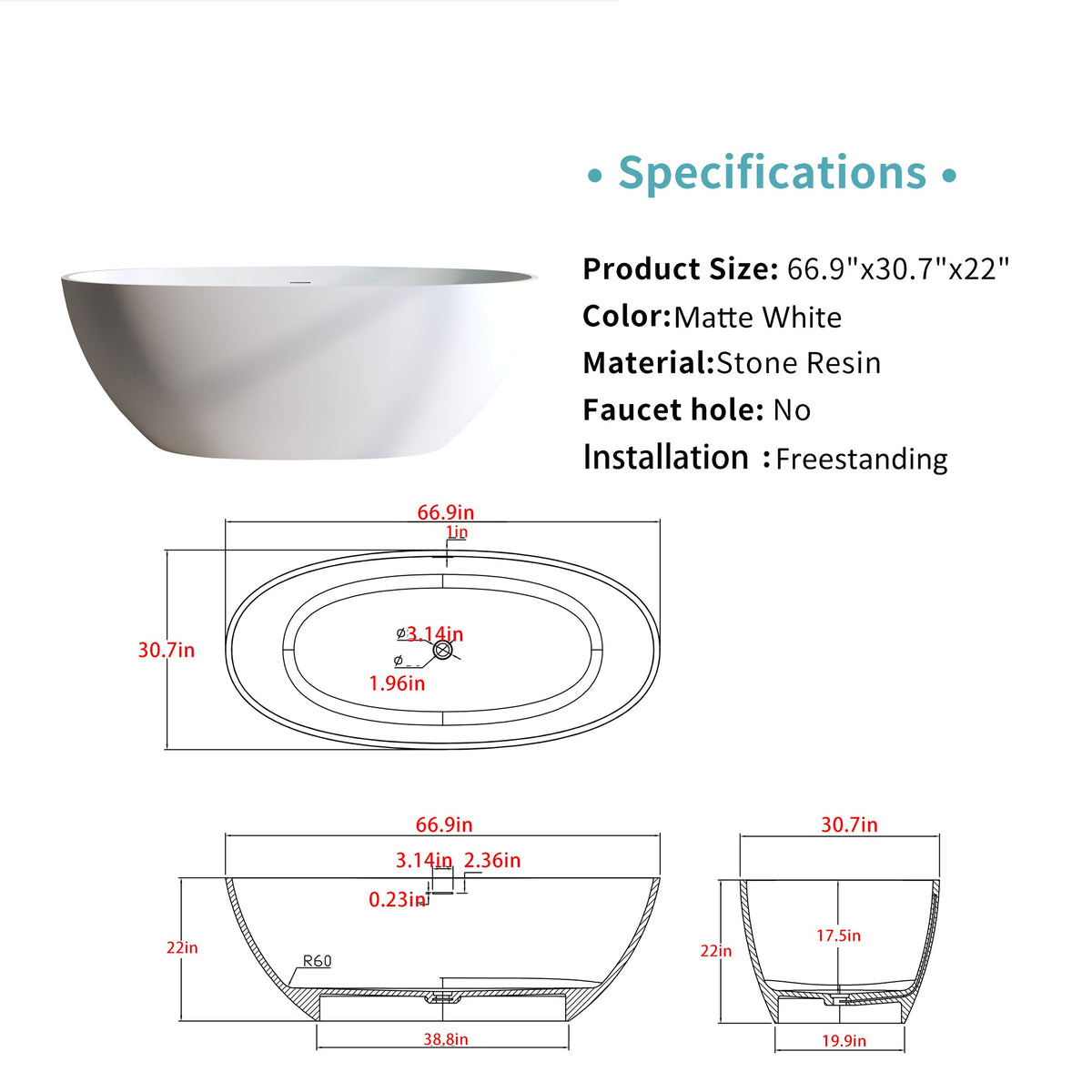 66.9″ Solid Surface Matte Tub - Freestanding Soaking Bathtub