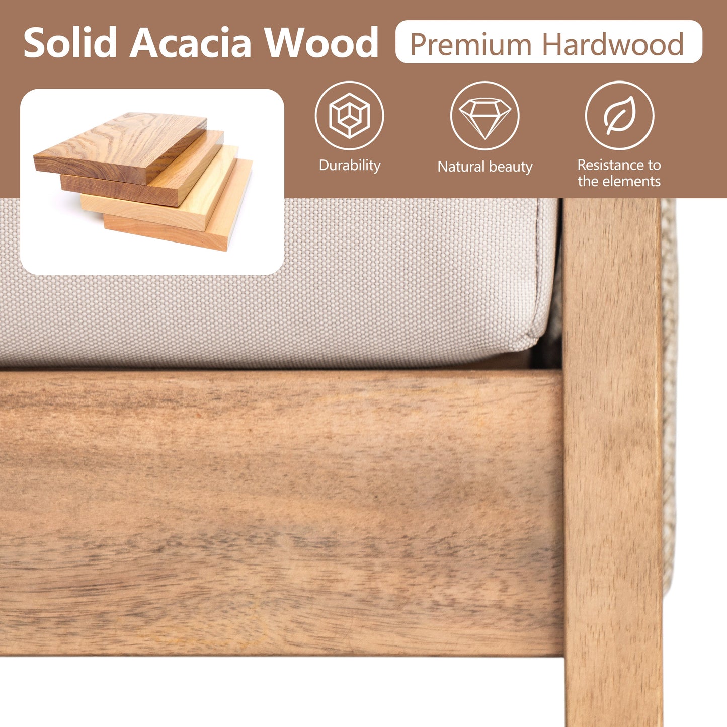 Outdoor Acacia Wood and Rope 3 Seater Patio Sofa