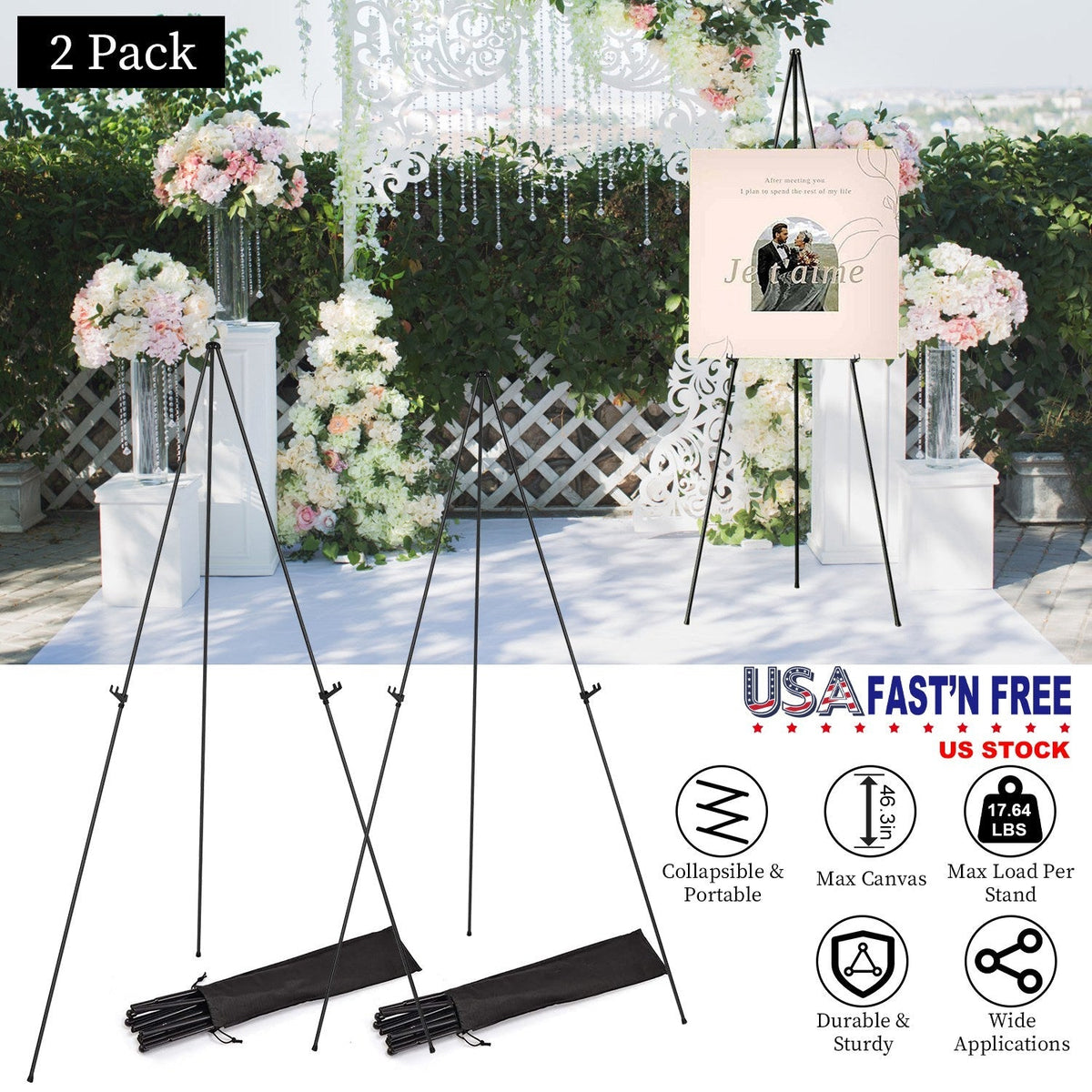 2 Pack Easel Stand for Display 61in Collapsible A Frame Tripod Easel Iron Alloy Drawing Stand with 2 Carry Bags for Wedding Poster Art Drawing Meeting