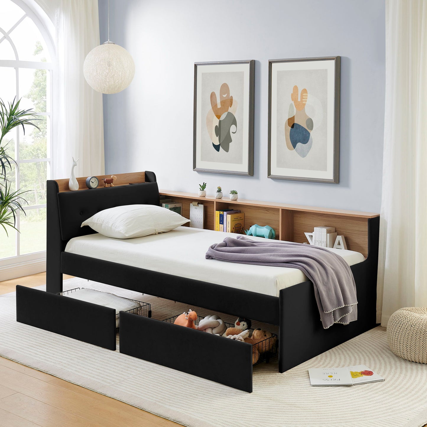 Upholstered Daybed With Storage Headboard, Wireless Charging, LED Lights