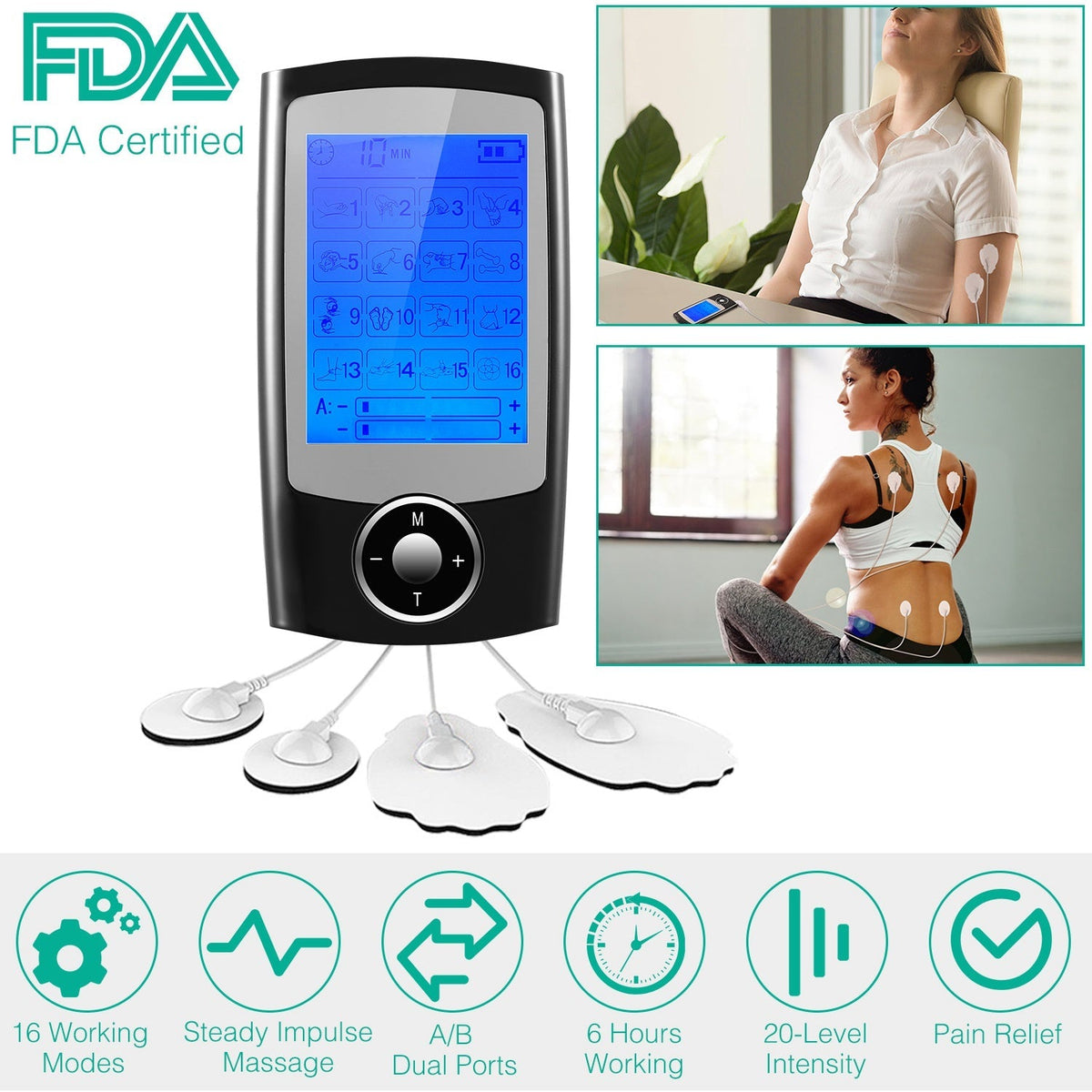 Rechargeable Tens Unit Machine Impulse Massager 16 Modes Pain Relief Body Massager Machine Muscle Stimulator w/ 2 Outputs and 6hrs Working For Relief