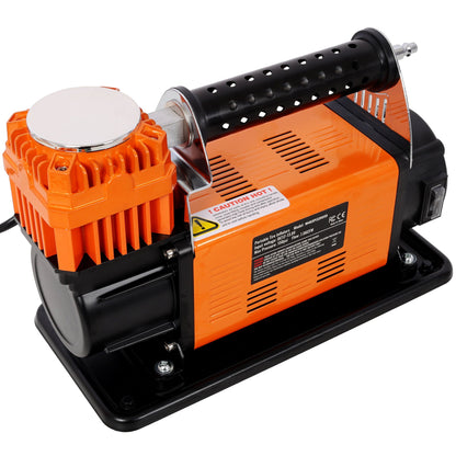 Heavy Duty 12V Air Compressor, Tire Inflator With Pressure Gauge, Compact Size - Black / Orange