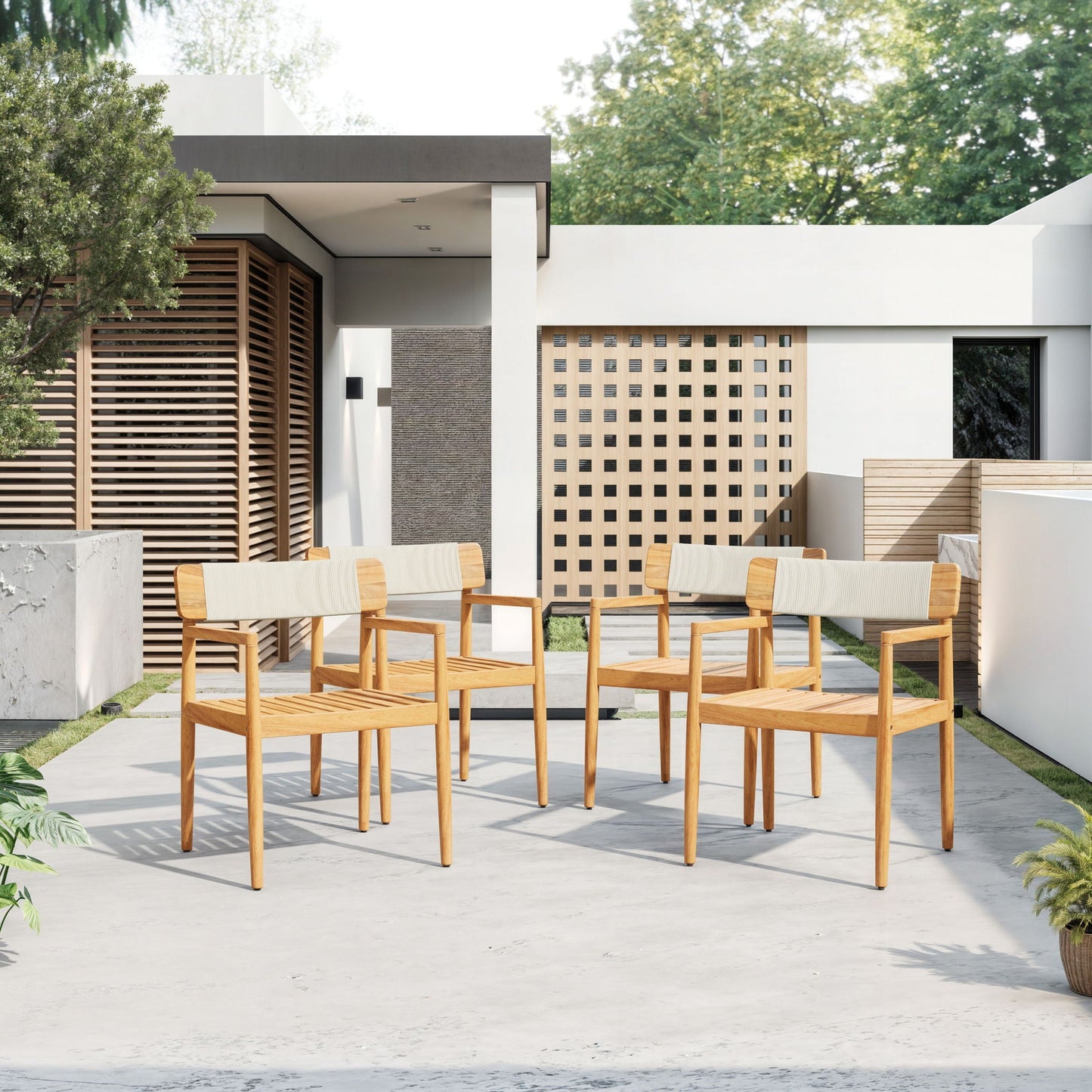 Creative Braided Acacia Wood Outdoor Dining Chairs with Armrests (Set of 2) - Teak / White