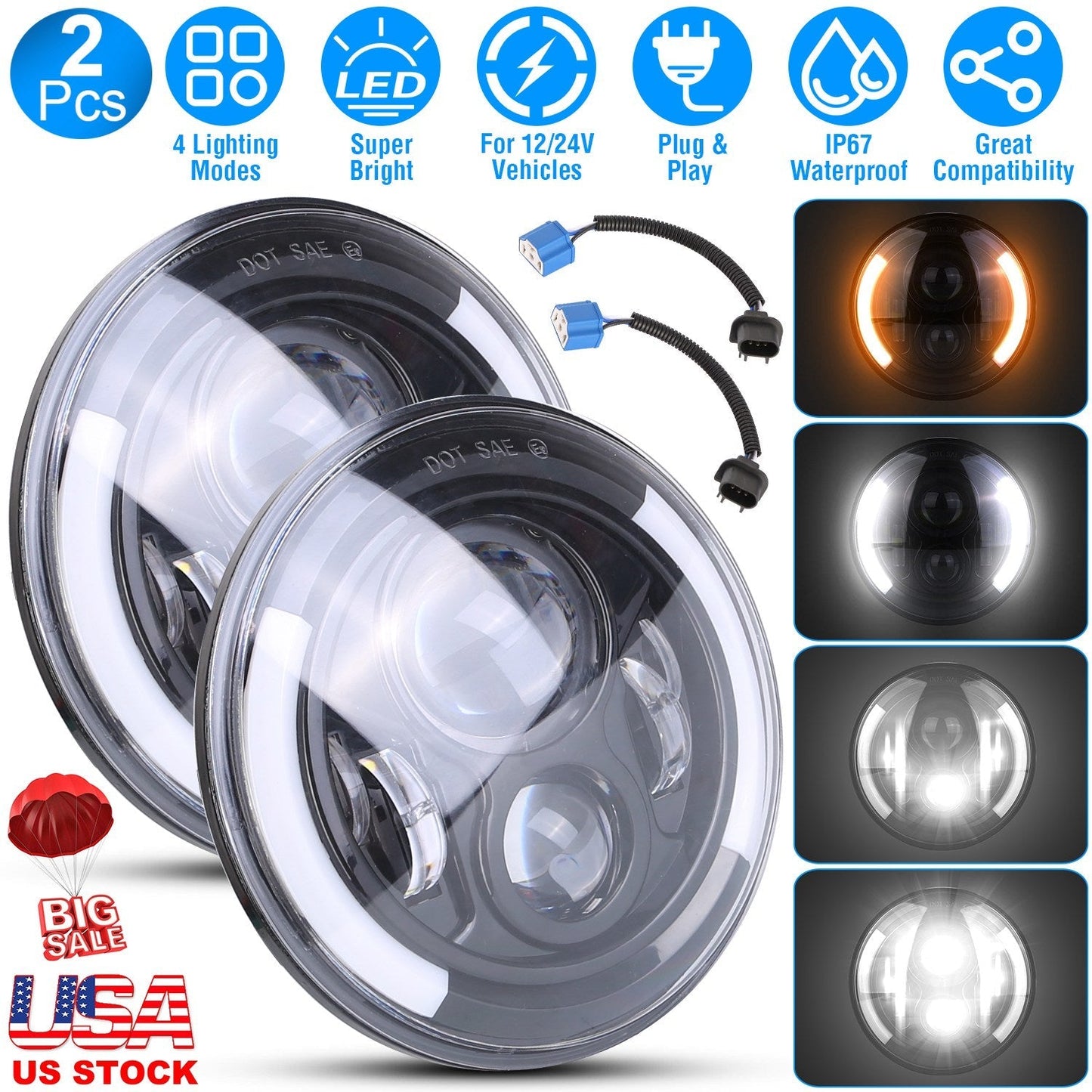 2Pcs 7In 40W Round LED Headlights 3800LM Halo Car Headlamp with DRL Turn Light High Low Beam Fit for Honda Yamaha Motorcycle Jeep Wrangler TJ JK CJ