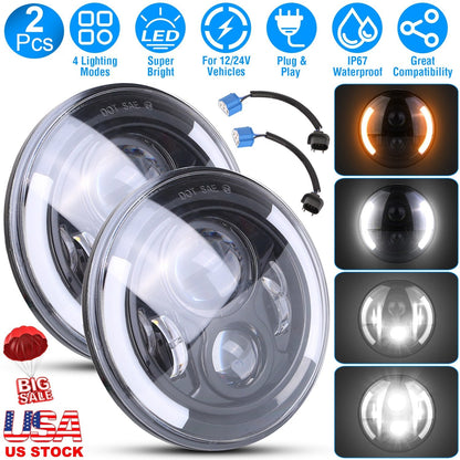 2Pcs 7In 40W Round LED Headlights 3800LM Halo Car Headlamp with DRL Turn Light High Low Beam Fit for Honda Yamaha Motorcycle Jeep Wrangler TJ JK CJ