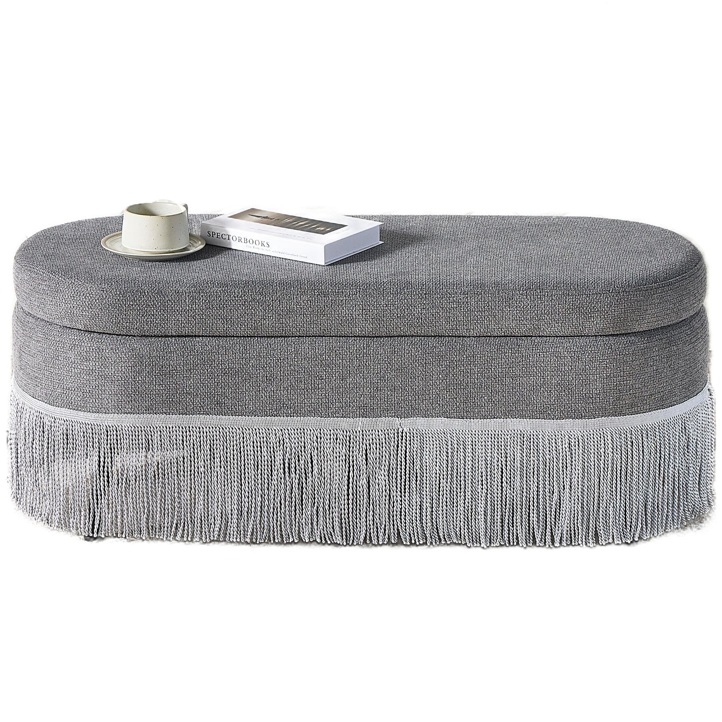 Oval Upholstered Storage Ottoman with Fringe Trim
