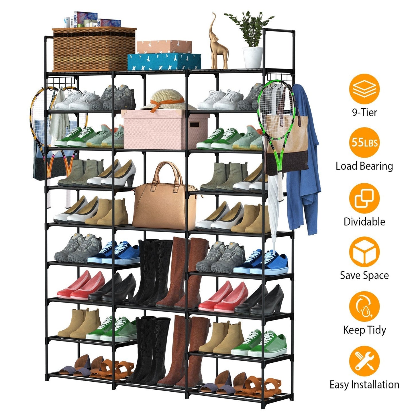 9 Tiers Shoe Rack Metal Shoe Storage Shelf Free Standing Large Shoe Stand 50-55 Pairs Shoe Tower Unit Tall Shoe Organizer with 2 HooksÊfor Entryway Cl