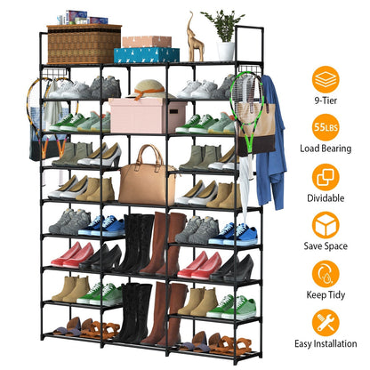 9 Tiers Shoe Rack Metal Shoe Storage Shelf Free Standing Large Shoe Stand 50-55 Pairs Shoe Tower Unit Tall Shoe Organizer with 2 HooksÊfor Entryway Cl