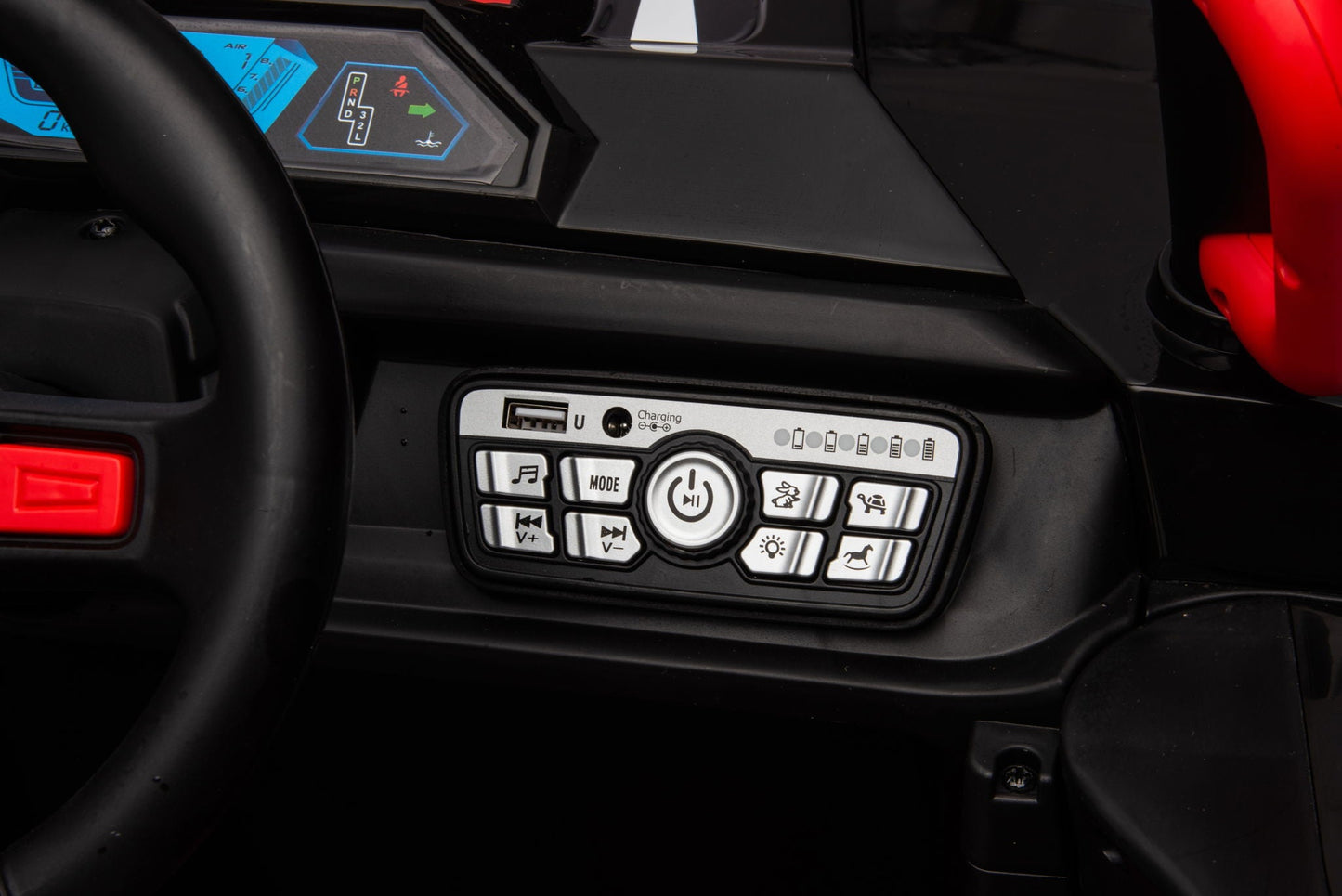 12V7A*2 30W*4 Four-Wheel Drive Seat One Button Start, Forward And Backward, High And Low Speed, Music, Front Light, Power Display, Two Doors Can Open, 2.4G R / C, Seat Belt Four Wheel Absorber