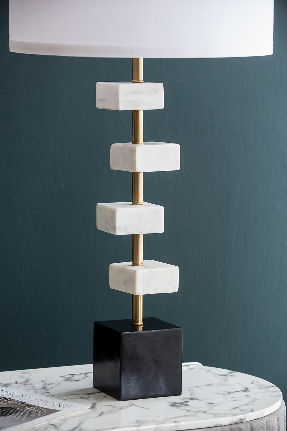 D15x30' Table Lamp with White Marble and Brass Frame