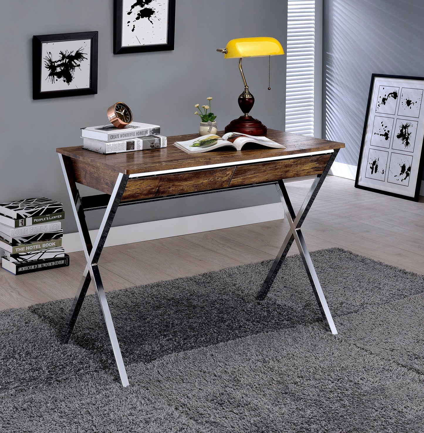 Callers Weathered Writing Desk - Chrome / Oak