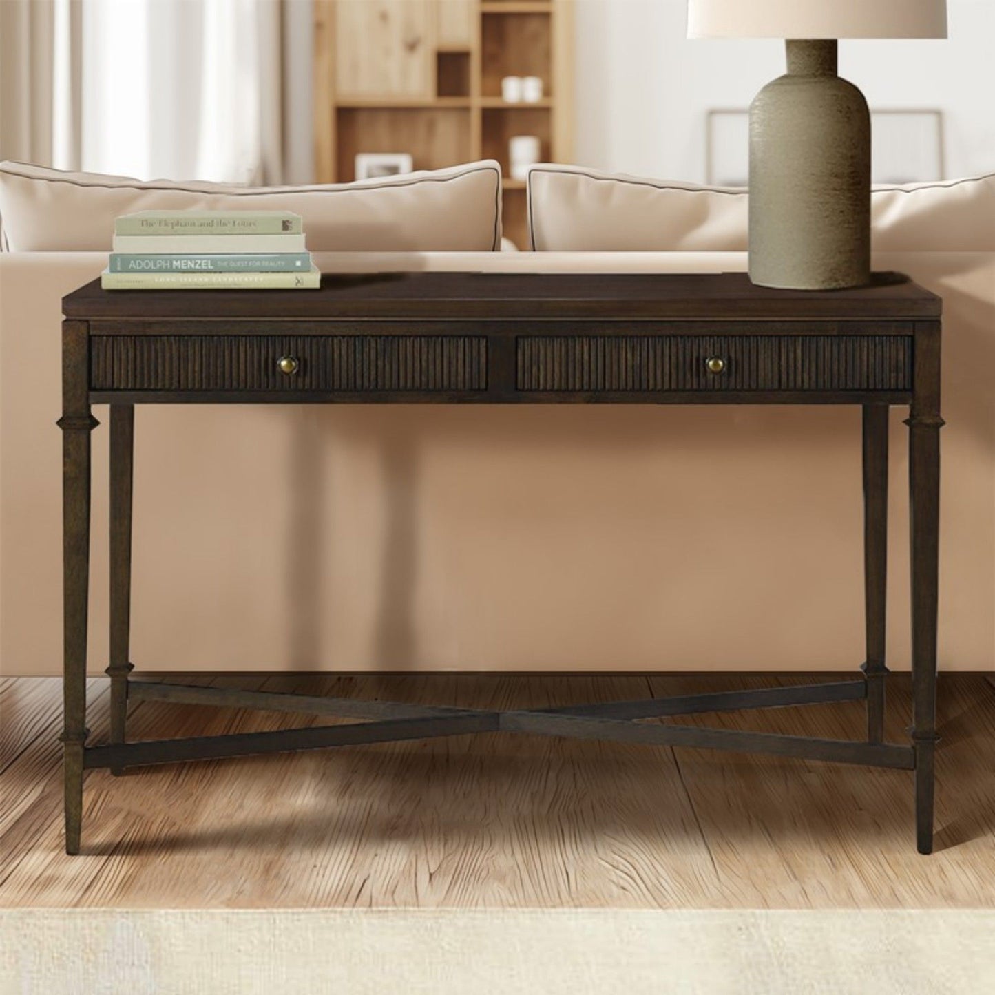 Fluted 2 Drawer Storage Console Table - Brown