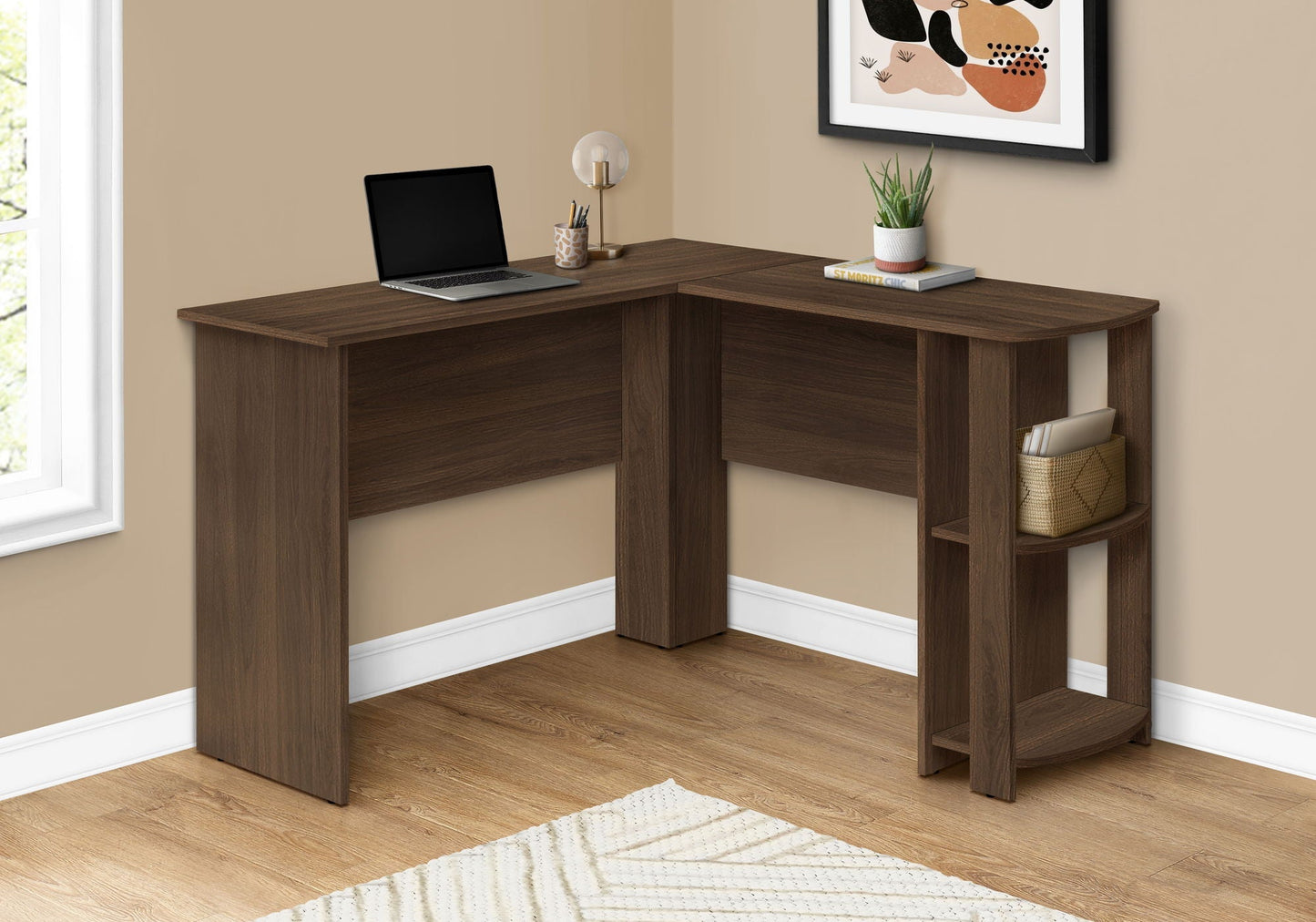 Computer Desk, Home Office, Corner, Storage Shelves, L Shape, Walnut