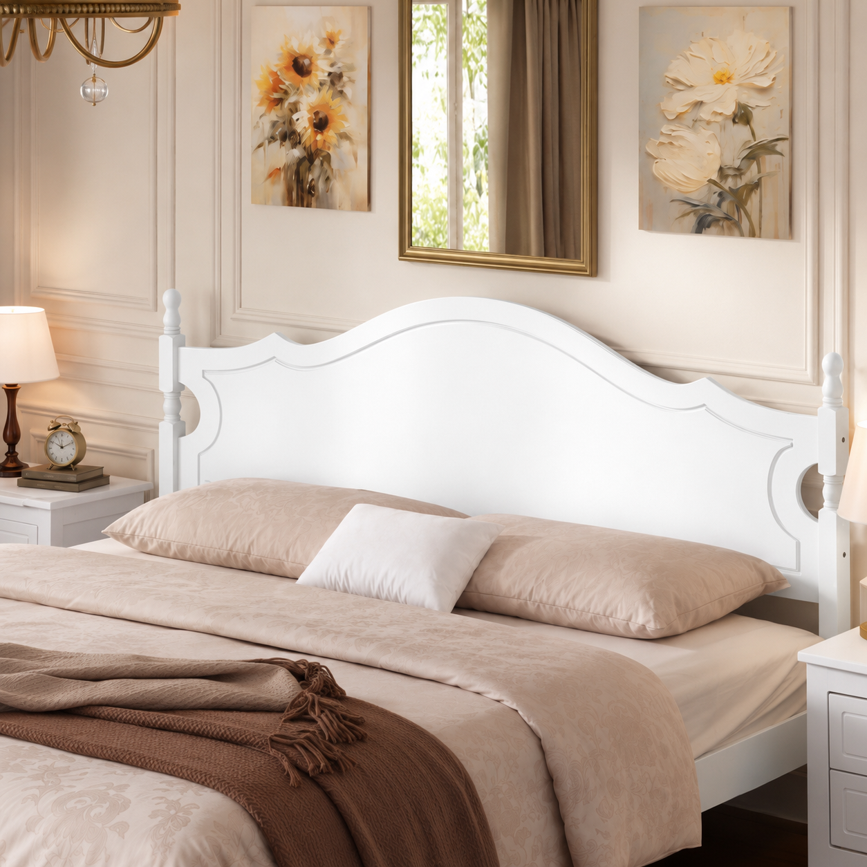 King Bed Frame with Headboard, Retro Style Wooden Platform Bed