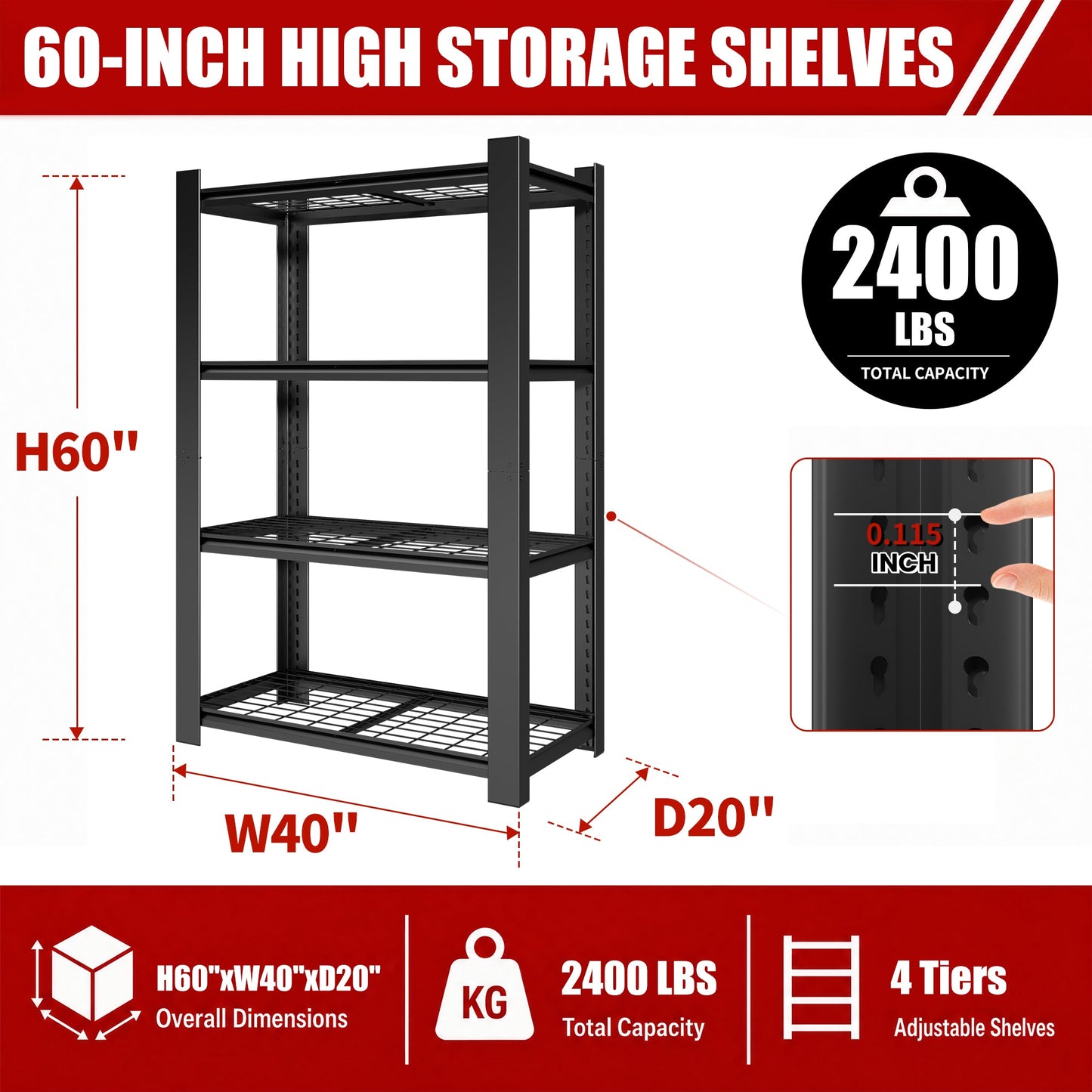 60"H 4-Tier Adjustable Heavy Duty Shelving Metal Mesh Storage Rack