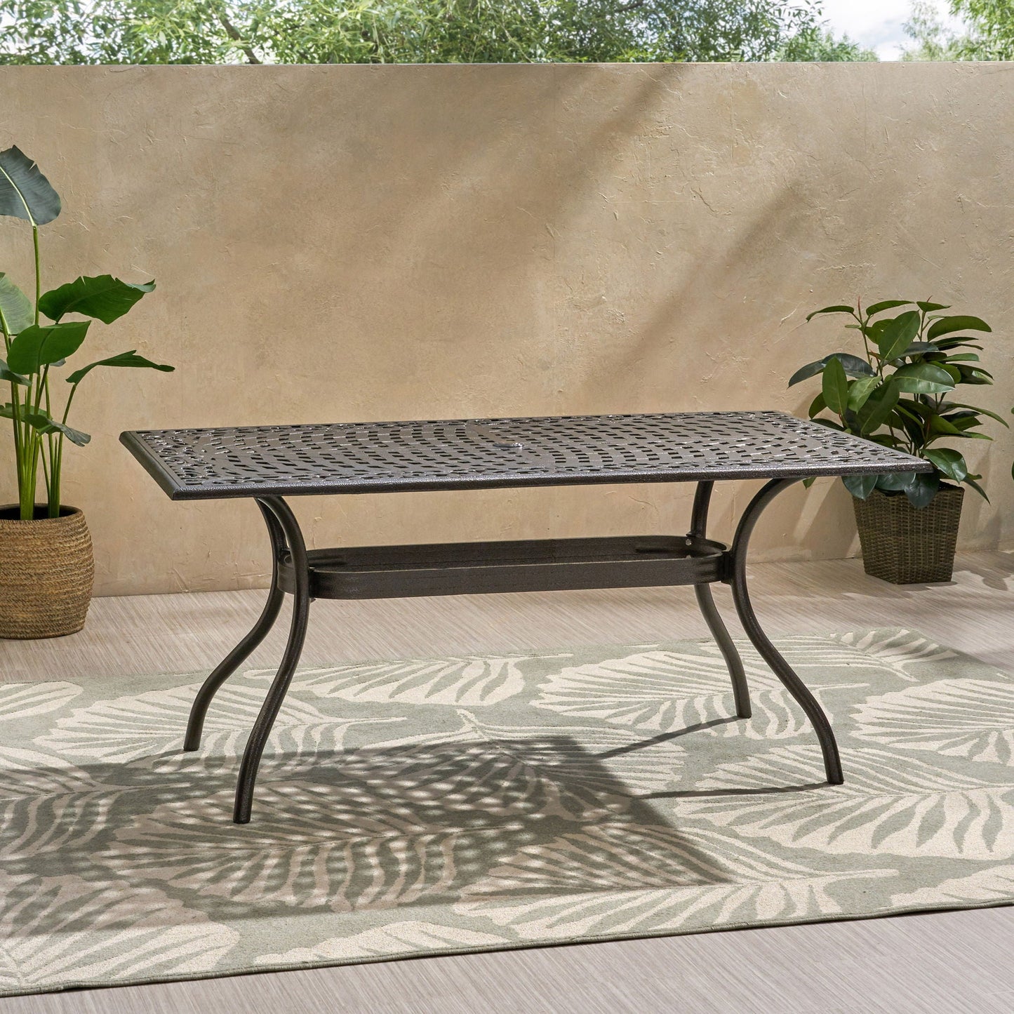 Celestine Outdoor Cast Aluminum Dining Table with Floral Lattice Design and Umbrella Holder