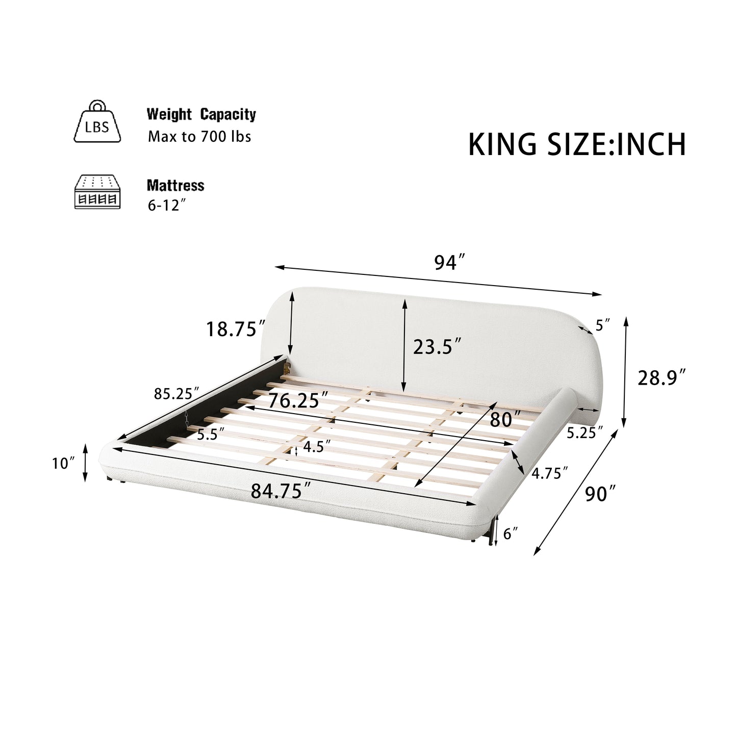 King Size Bed Frame with Boucle Fabric and Thick Headboard