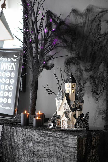 Cardboard Lighted Haunted House, Tabletop Holiday Halloween Decor, Battery Powered - Beige / Black