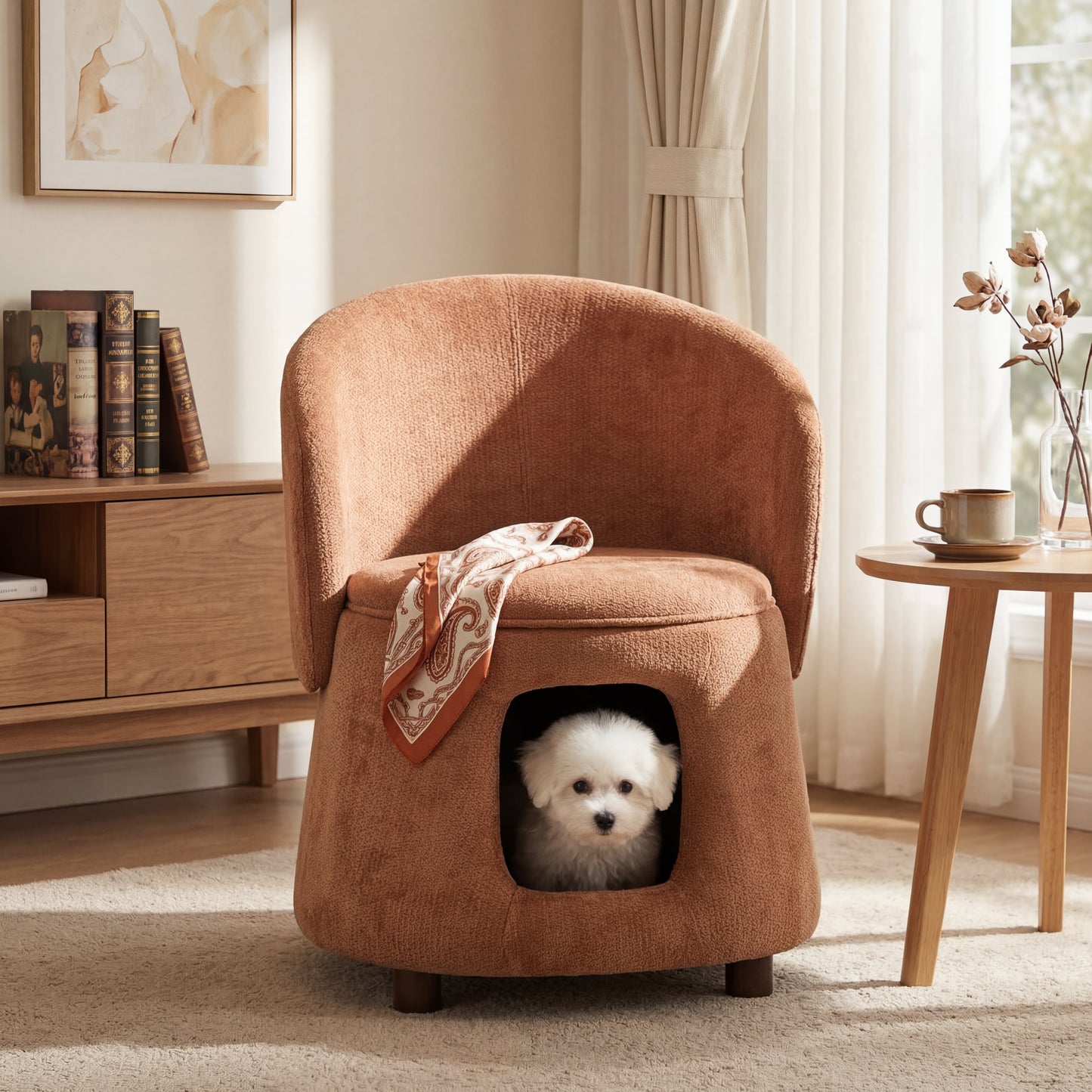 Orange Pet Friendly Chair with Hidden Pet Nook, Convertible Stool, and Storage Seat
