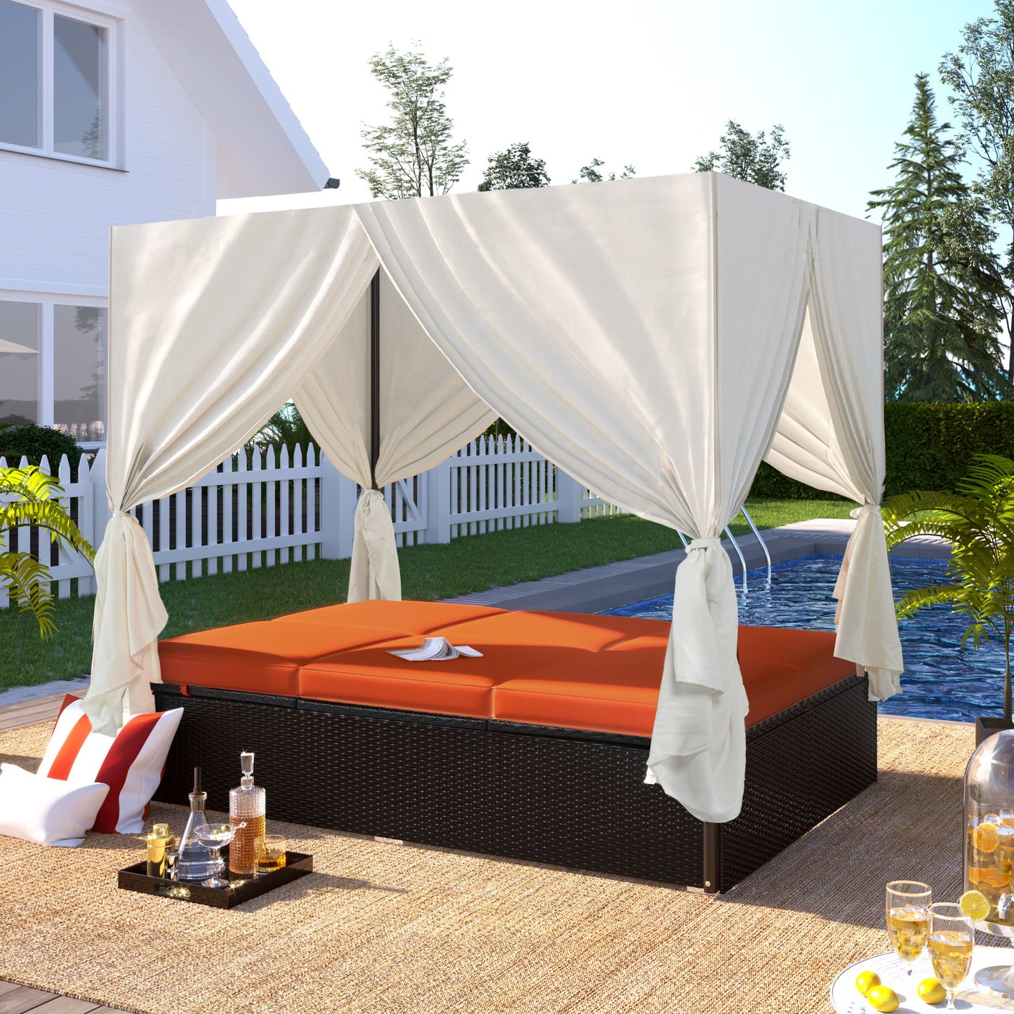 U_STYLE Outdoor Double Chaise Lounge Daybed with Curtains