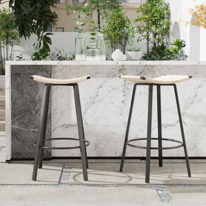 Counter Height Bar Stools Backless Handwoven Kitchen Dining Chairs With Round Footrest (Set of 2) Weaving Pub Stoo - Creamy White