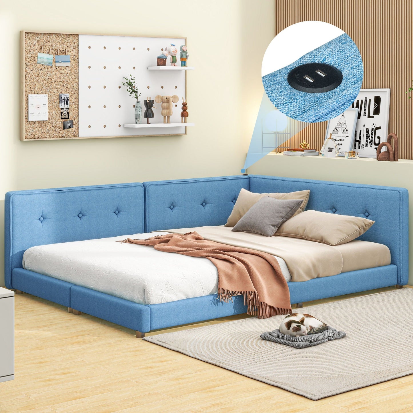 Modern Upholstered Platform Bed With USB Ports And LED Belt
