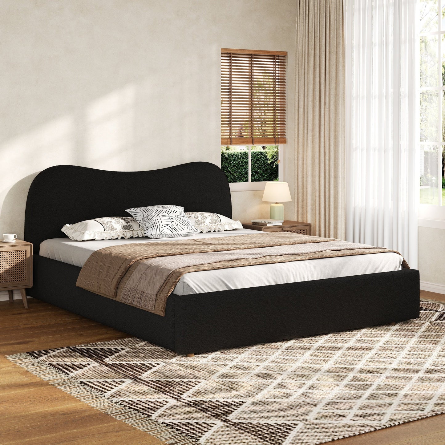 King Size Upholstered Platform Bed with Wooden Slats