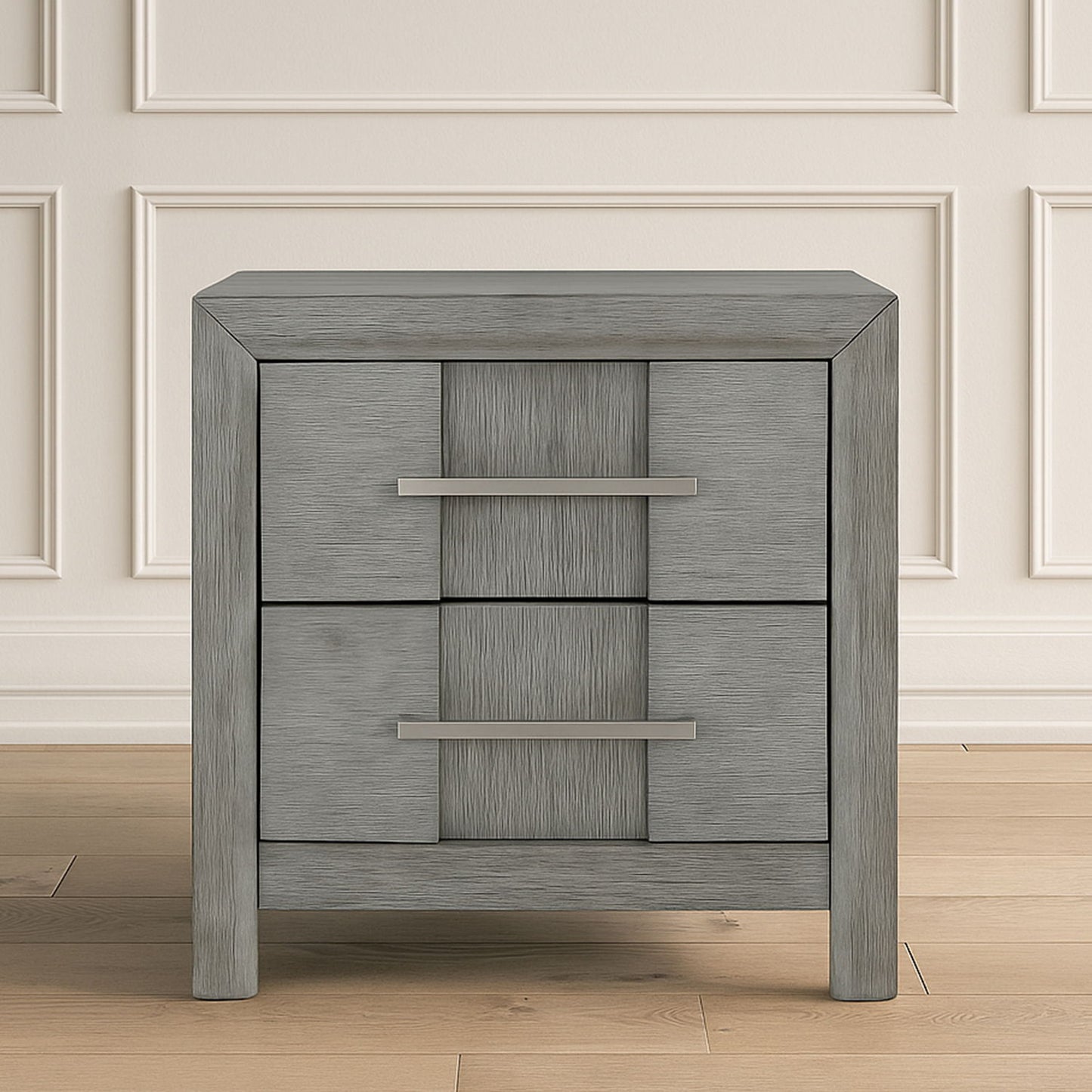 Modern 2 Drawer Nightstand In Gray Finish With Silver Metal Handles, Contemporary Bedside Table With Smooth Glide Drawers