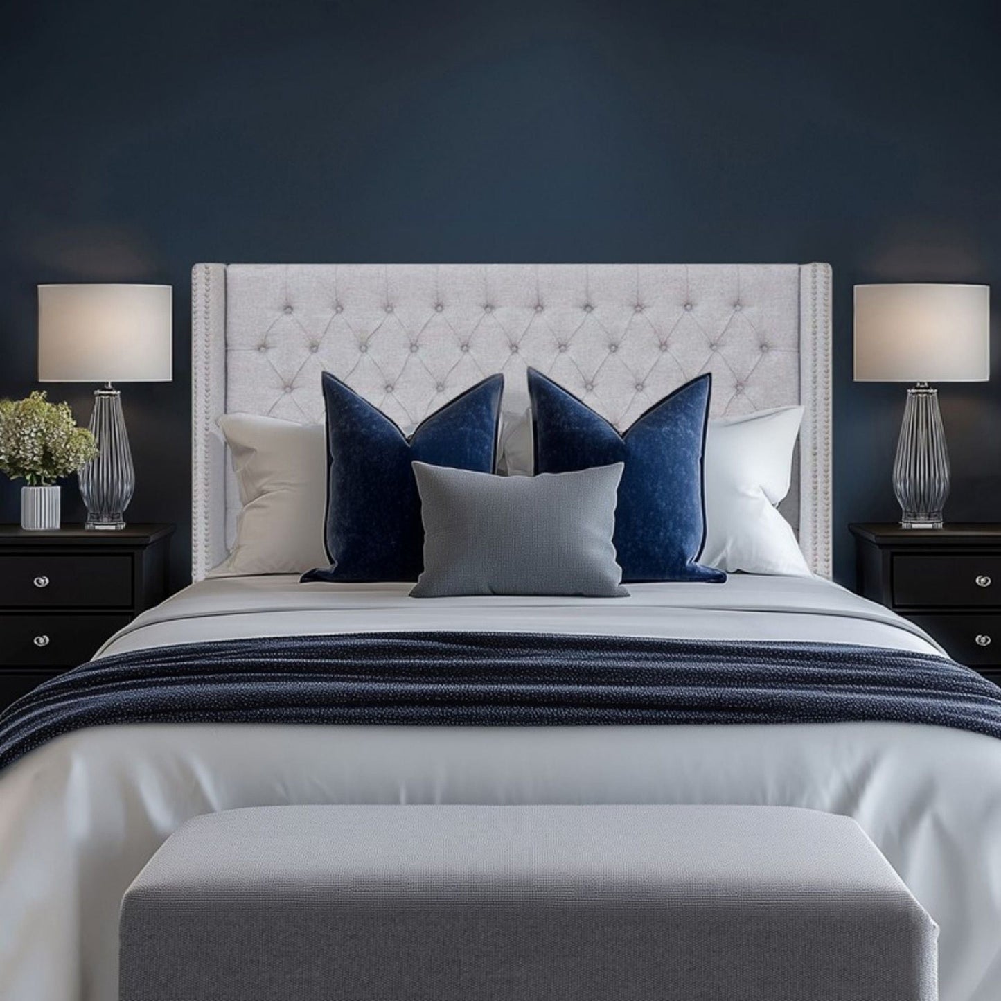 Transitional Upholstery Headboard With Tufted Buttons And Nailhead Trim