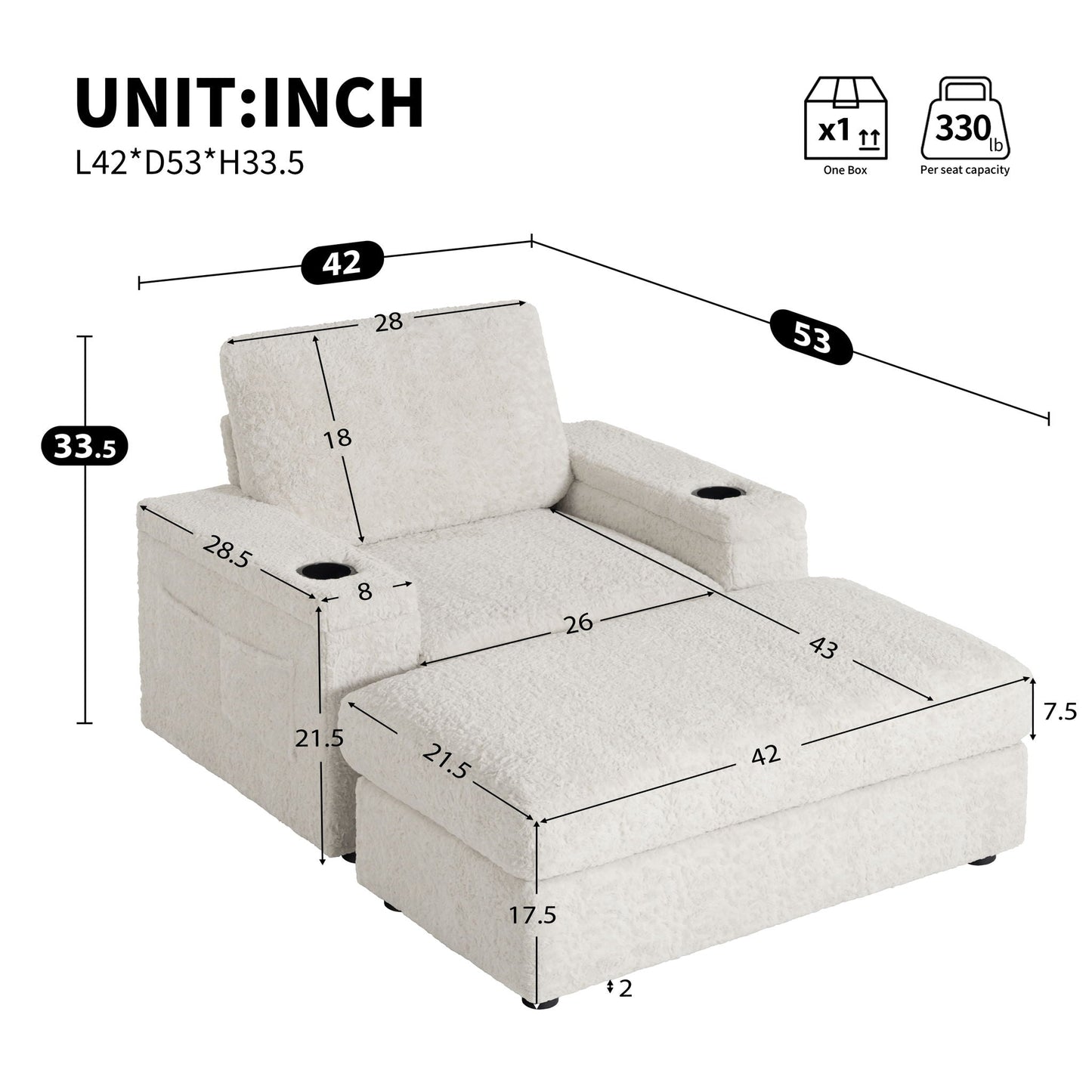 Oversized Chaise Lounge Indoor Rabbit Fur Sofa Bed With Storage Ottoman And Armrests Cup Holders With Deep Seat