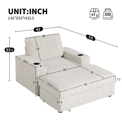 Oversized Chaise Lounge Indoor Rabbit Fur Sofa Bed With Storage Ottoman And Armrests Cup Holders With Deep Seat