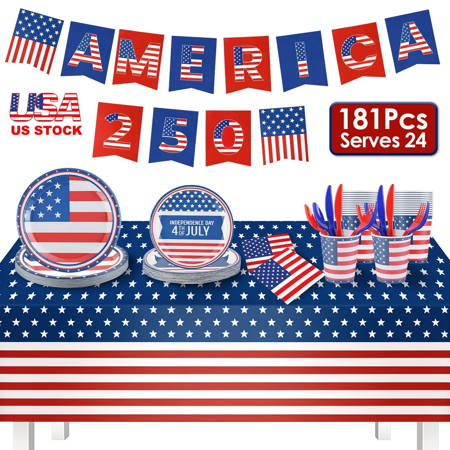 4th of July Party Supplies Set for 24 Guests - 181 Pieces