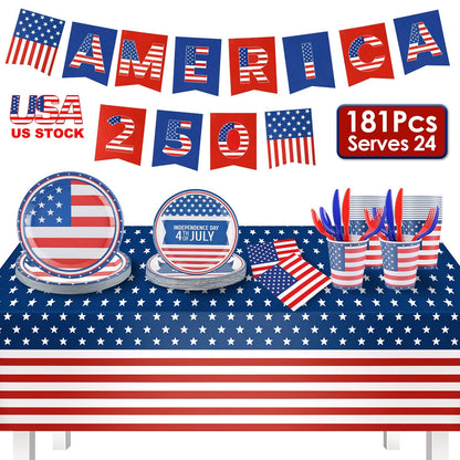 4th of July Party Supplies Set for 24 Guests - 181 Pieces