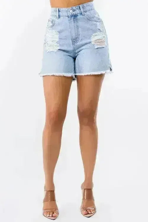 High Waist Distressed Denim Shorts - Raw Hem Style | Femstylo