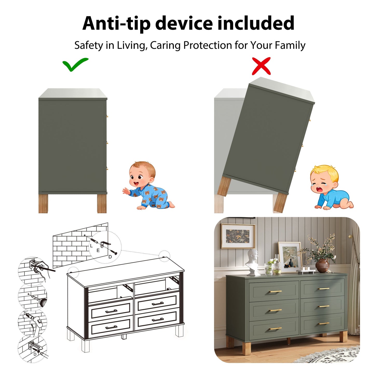6-Drawer Double Dresser in Olive