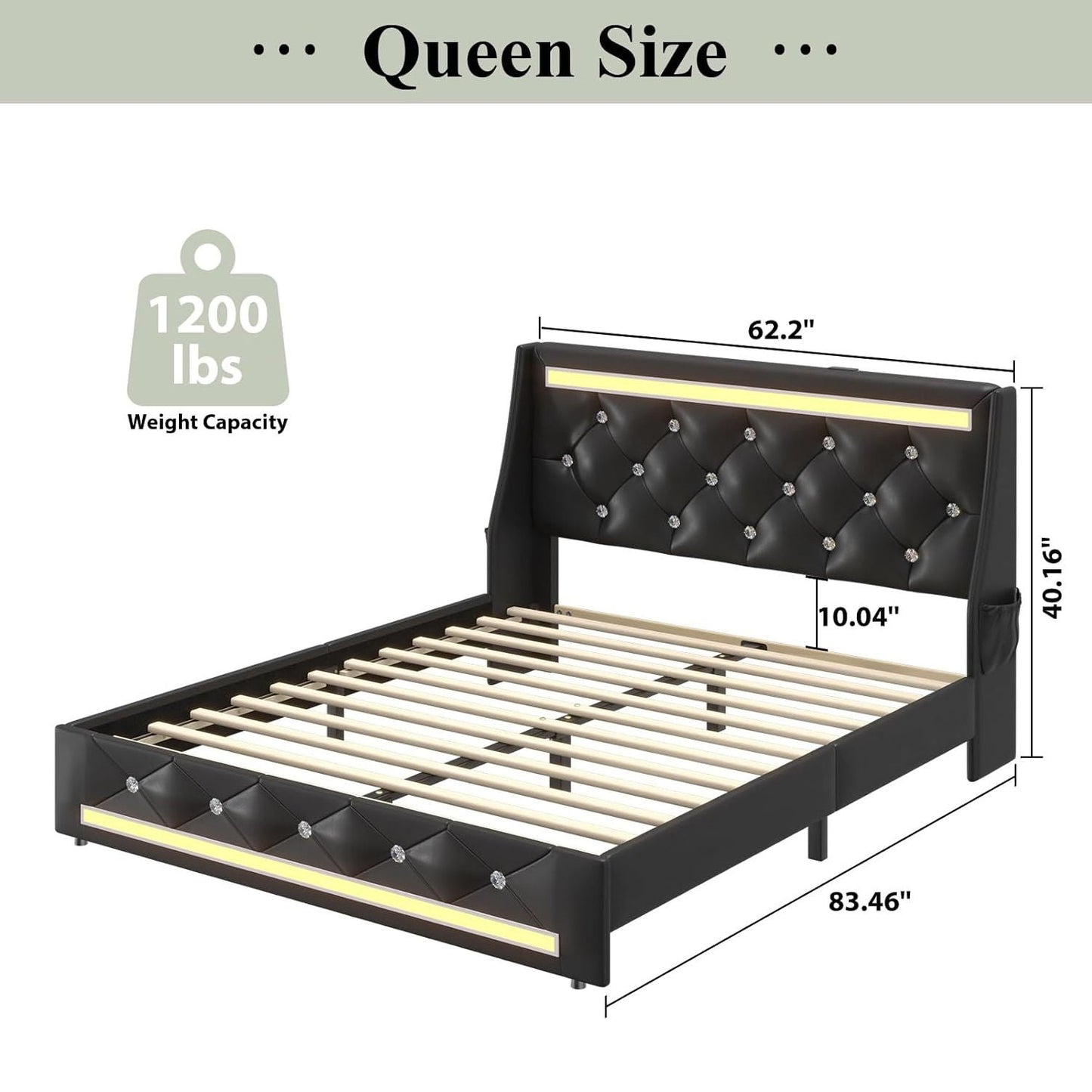 Wingback Upholstered Bed Frame With LED Lights, Charging Station