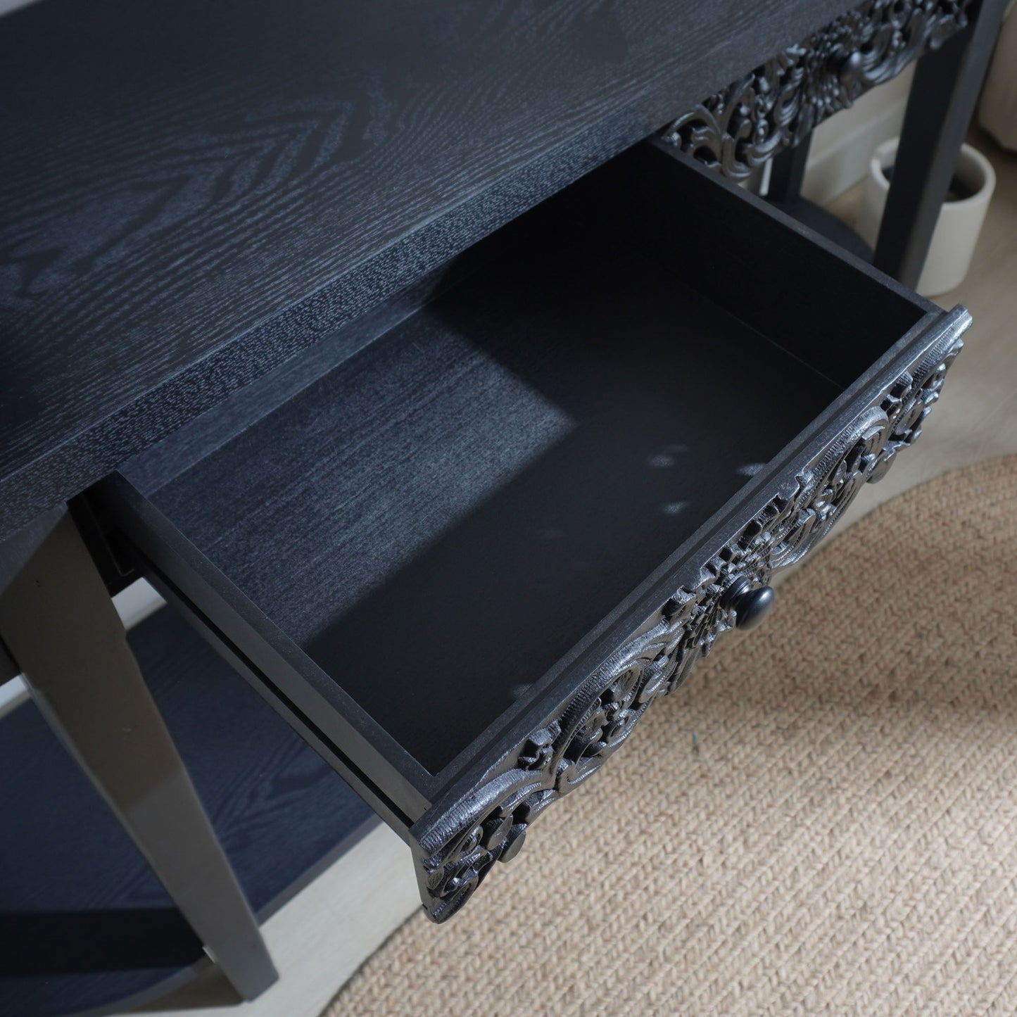Carved Console Table With Storage Shelf For Living Room - Black