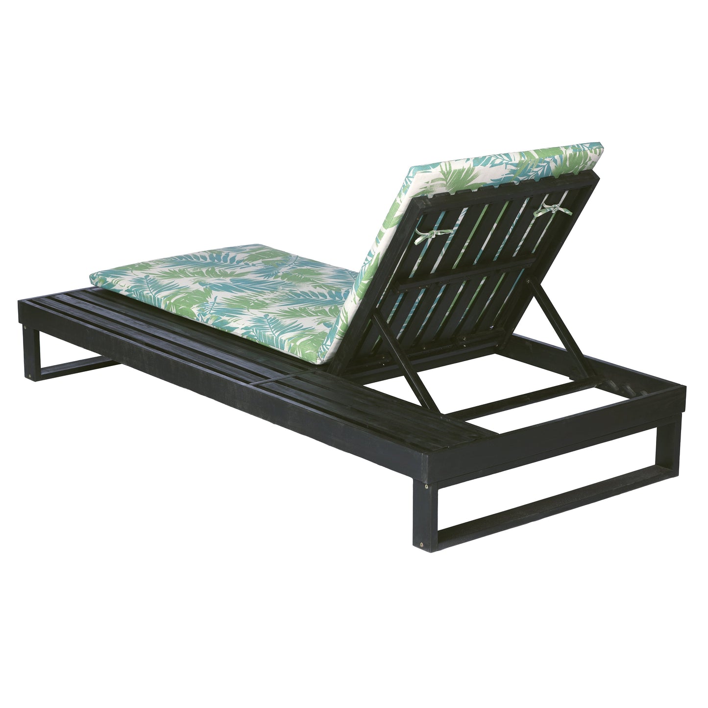 Black Acacia Wood Chaise Lounge with Leaf Coconut Cushion